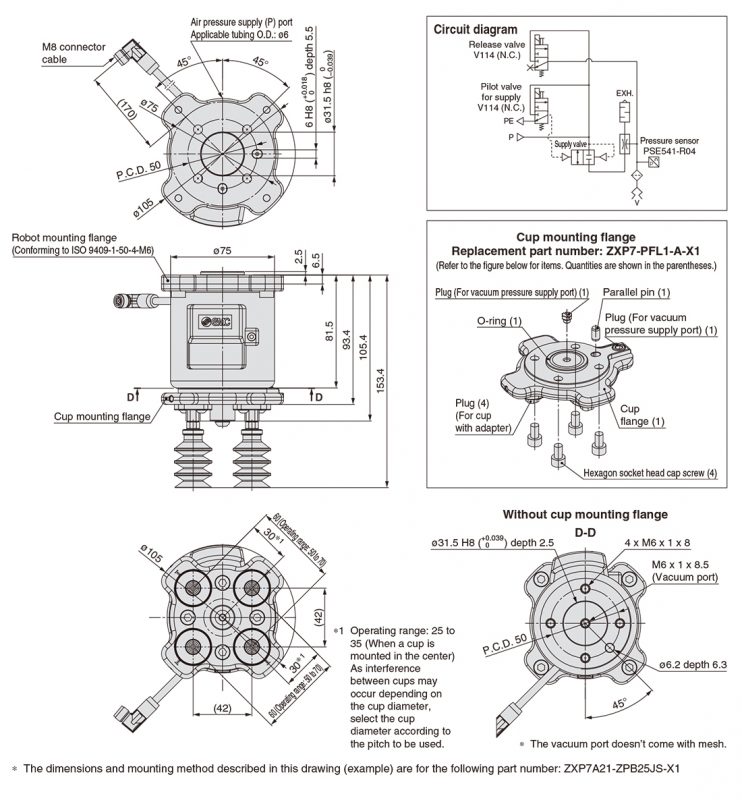 Tay gắp chân không SMC cho Cobot ZXP7□21-X1 dòng CRX FANUC